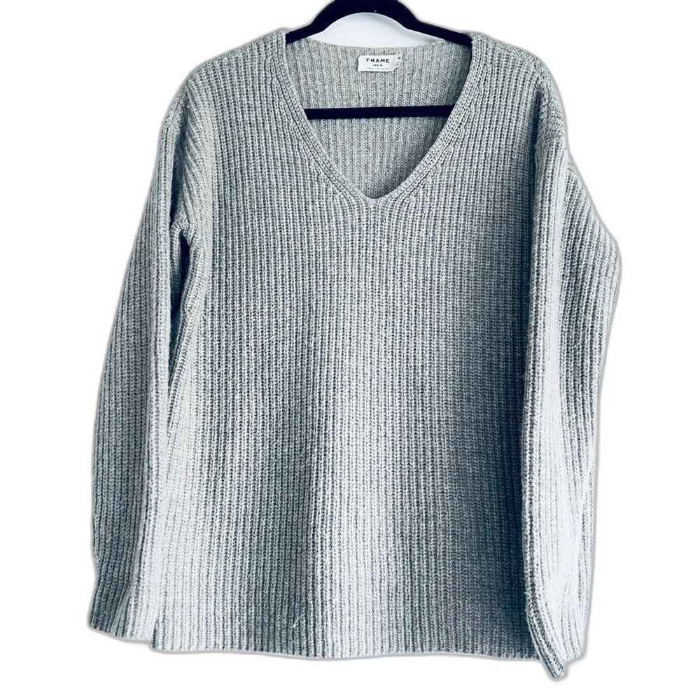 Frame V-Neck Grey Wool blend ribbed knit oversized Sweater size XS